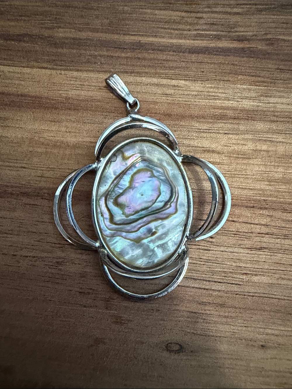 Silver Abalone Shell Oval Pendant - Iridescent White
